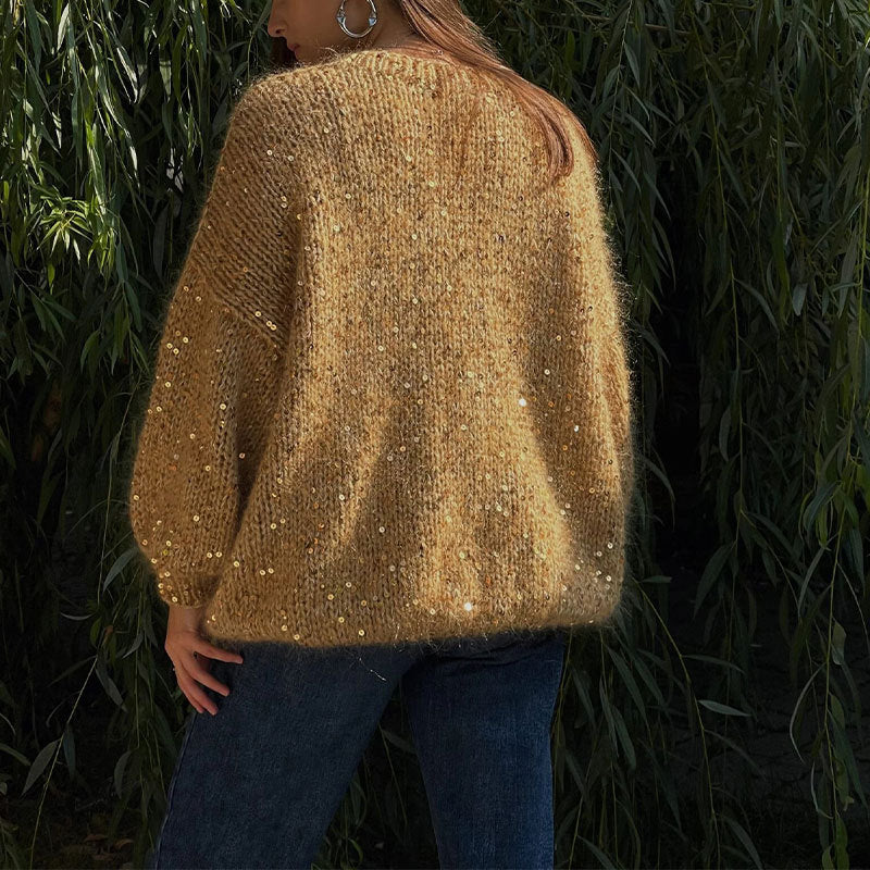 Sequined Round Neck Lantern Sleeve Sweater (3 colors)