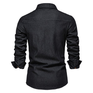 Solid Color Wrinkle Free Slim Fit Long Sleeve Male Denim Dress Shirt (Black/Navy Blue)