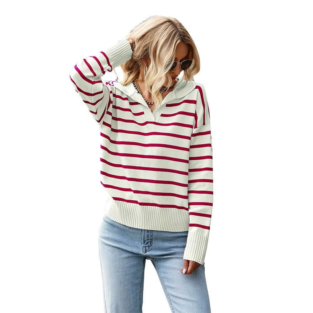 Striped Lapel Collar Sweater (4 colors)