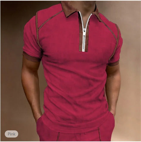 Color Matching Zip Placket Male Polo Shirt (6 colors)