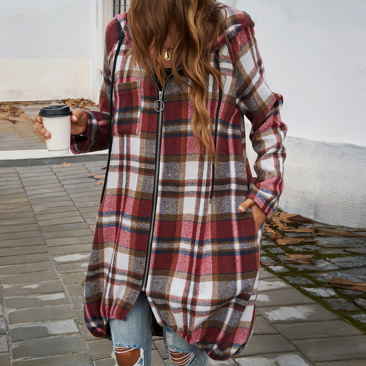 Loose Fit Contrasting Plaid Longline Full Zip Hoodie (4 colors)