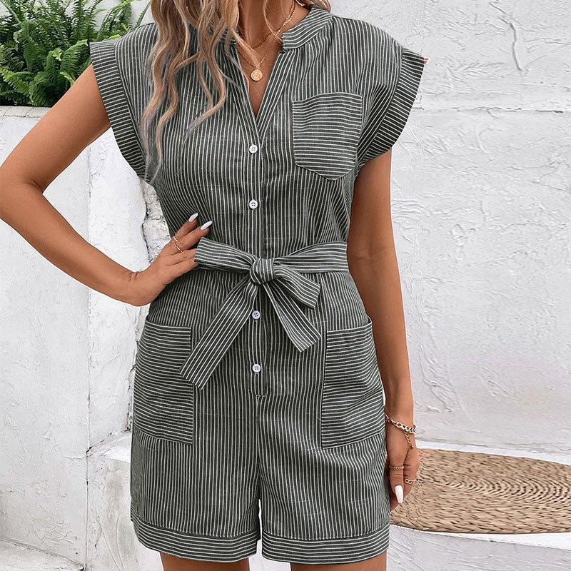 Striped Cap Sleeve Belted Romper (8 colors)