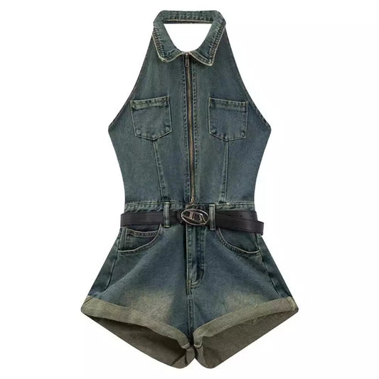 Halter Neck Lapel Collar Zip Front Wide Leg Roll Cuff Denim Romper