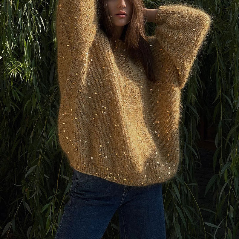 Sequined Round Neck Lantern Sleeve Sweater (3 colors)