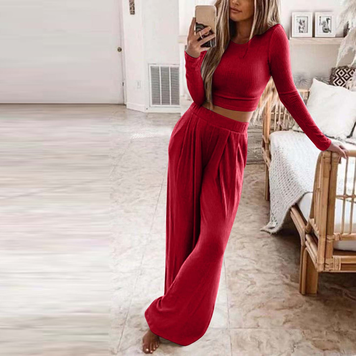 Solid Color Knit Long Sleeve Two Piece Wide Leg Pants Set (6 colors)