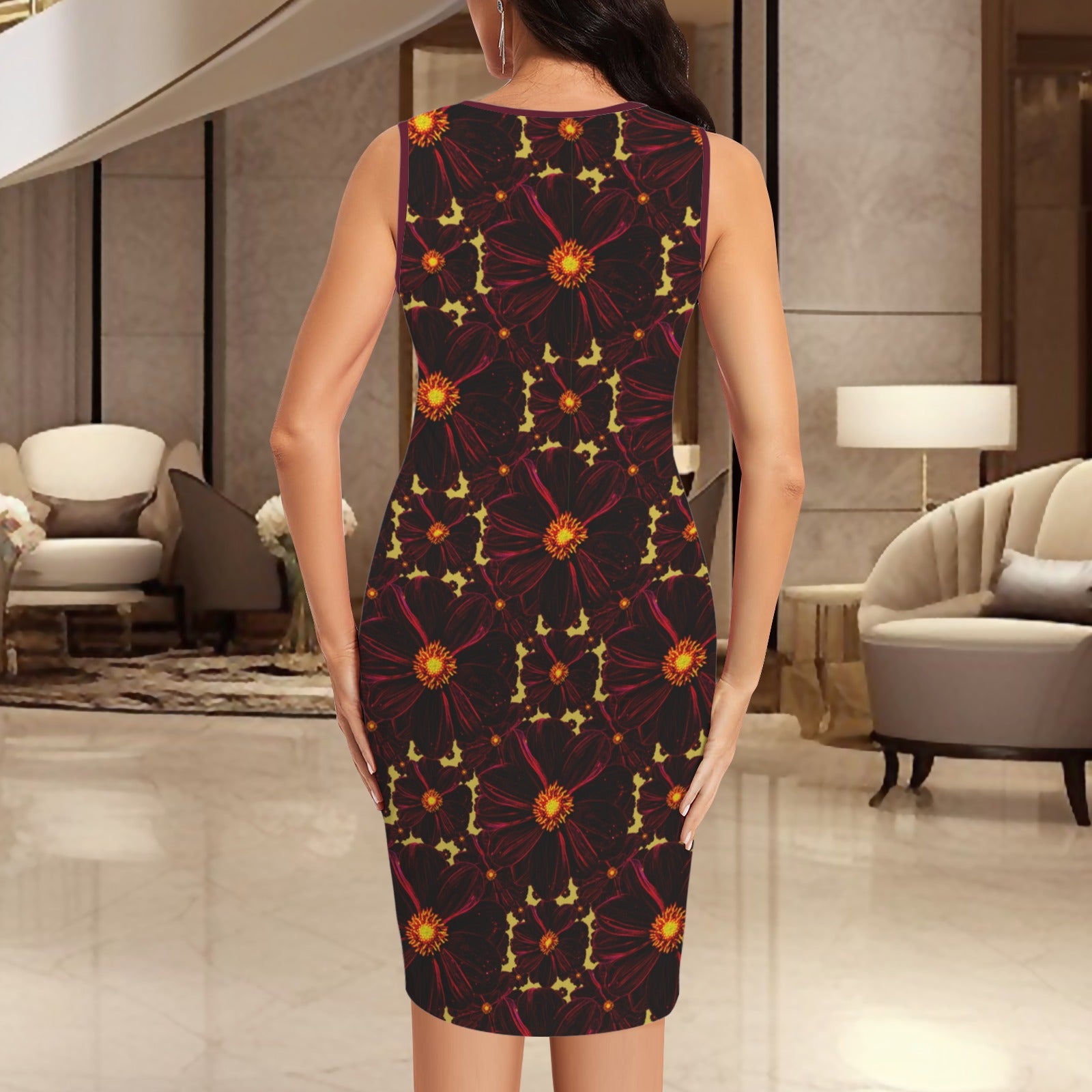 TRP Floral Print 02-01 Midnight Bishop of Aukland Dahlia Sleeveless V-neck Faux Wrap Ruched Bodycon Dress