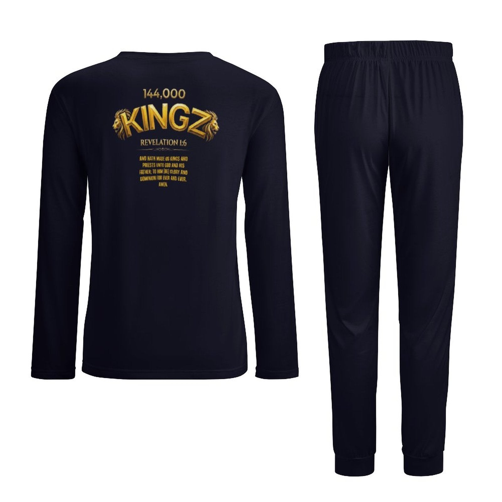 Black long-sleeve shirt and pants set with 'KINGZ' branding on a white background