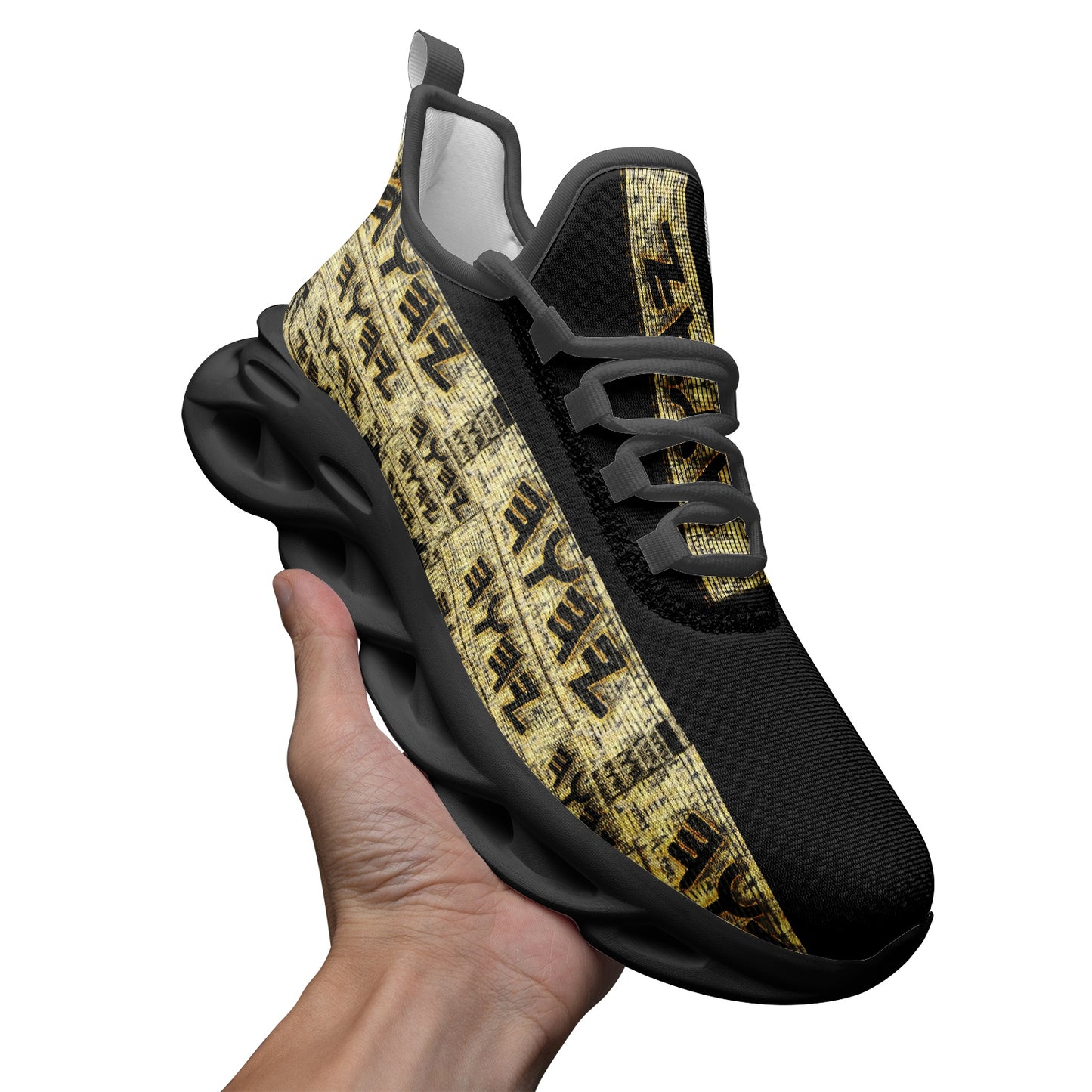 Yahuah Logo 03 - Black Mesh Knit Flex Unisex Sneakers (Black/White)