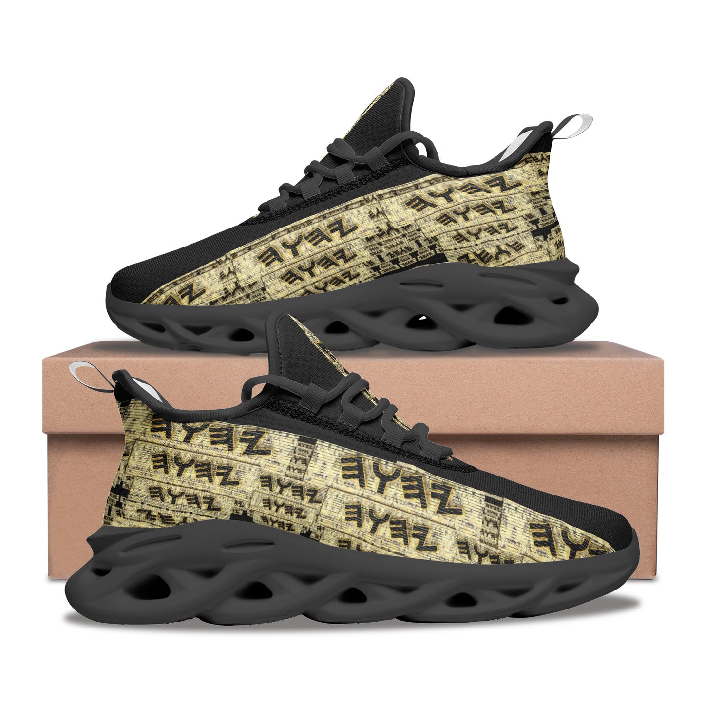 Yahuah Logo 03 - Black Mesh Knit Flex Unisex Sneakers (Black/White)