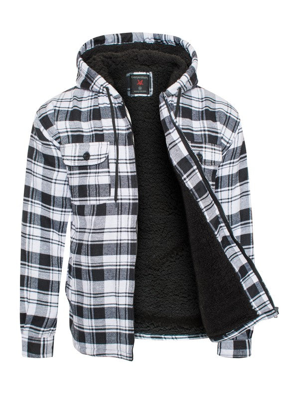 Flannel Sherpa Fleece Lined Full Zip Male Hoodie with Chest Pockets (8 colors)