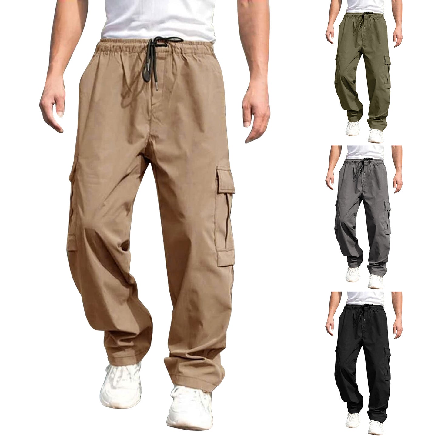 Solid Color Drawstring Mid Waist Male Cargo Sweatpants (4 colors)