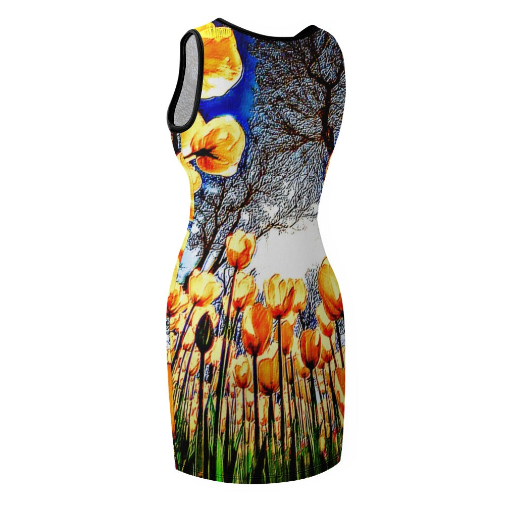 Floral Embosses: Tulip Daydream 01 Designer Slim Fit Tank Mini Dress