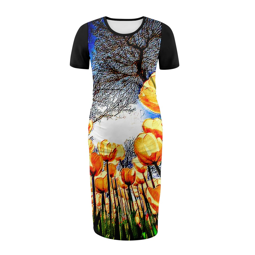 Floral Embosses: Tulip Daydream 01 Designer Maternity Midi T-shirt Dress