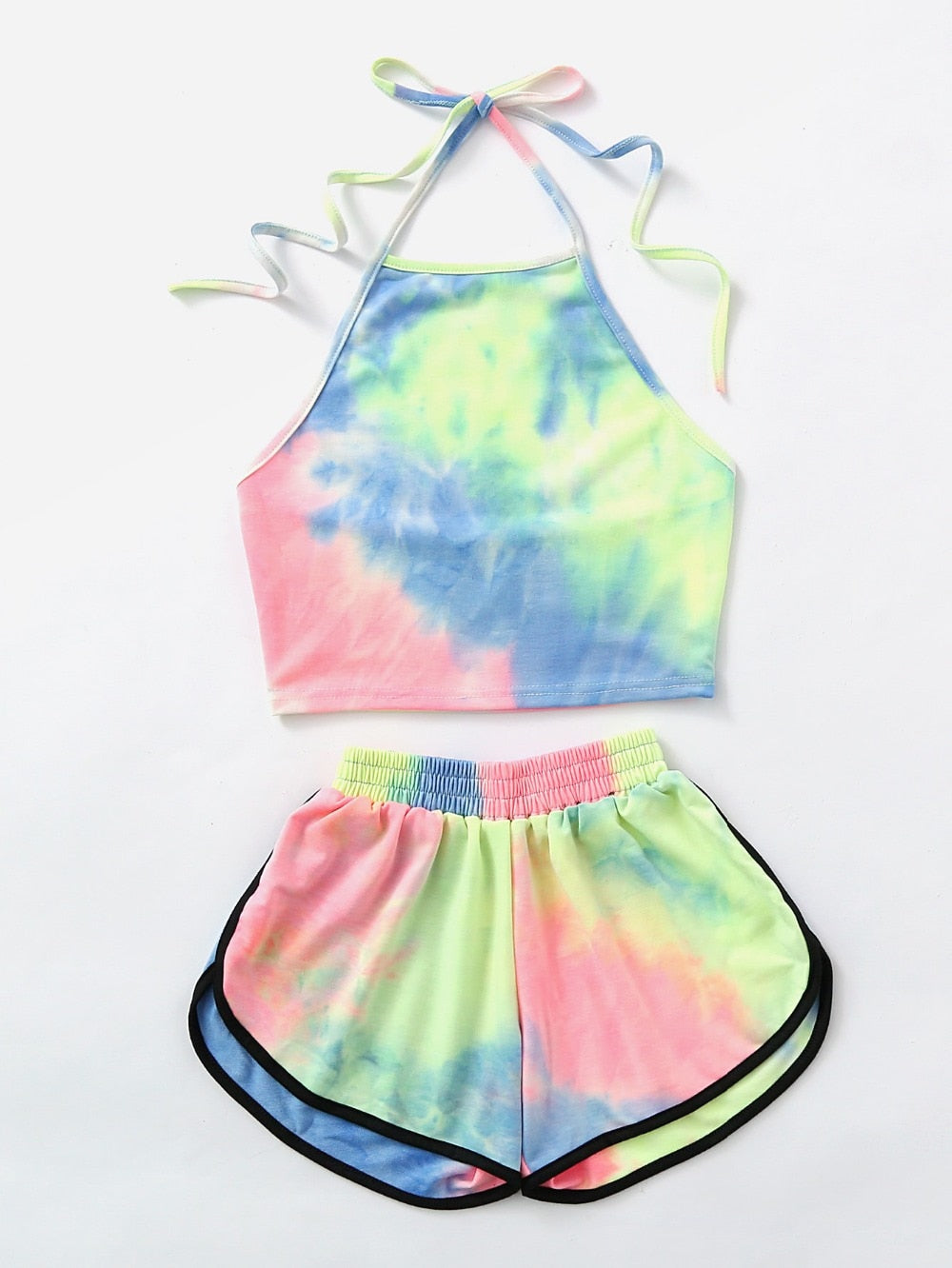 Tie Dye Gradient Halter Crop Top and Shorts Set