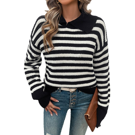 Striped Lapel Collar Sweater (5 colors)