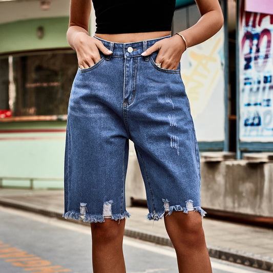 Blue High Waist Distressed Raw Hem Bermuda Denim Shorts