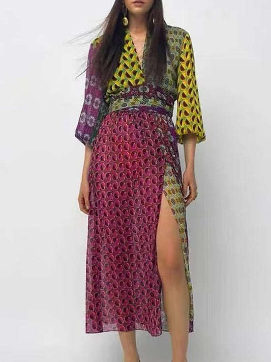 French V-Neck Colorblock Puff Sleeve Printed Wrap Maxi Dress