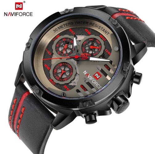 NAVIFORCE Waterproof Quartz Sports Watch with Leather Band for Men