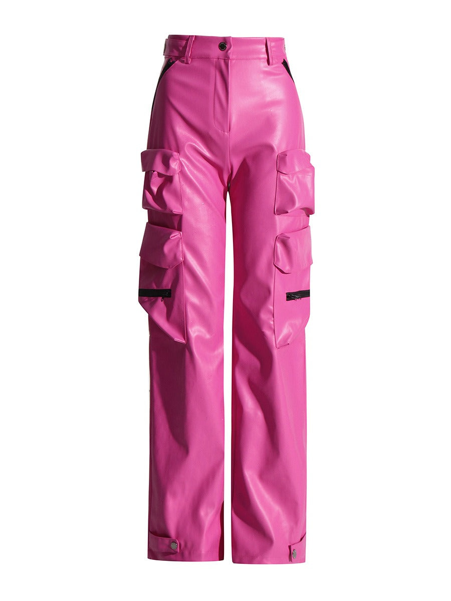 Pink High Waist PU Leather Spliced Cargo Pants