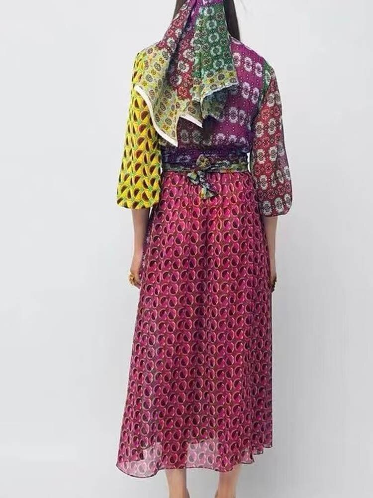 French V-Neck Colorblock 3/4 Puff Sleeve Printed Wrap Maxi Dress