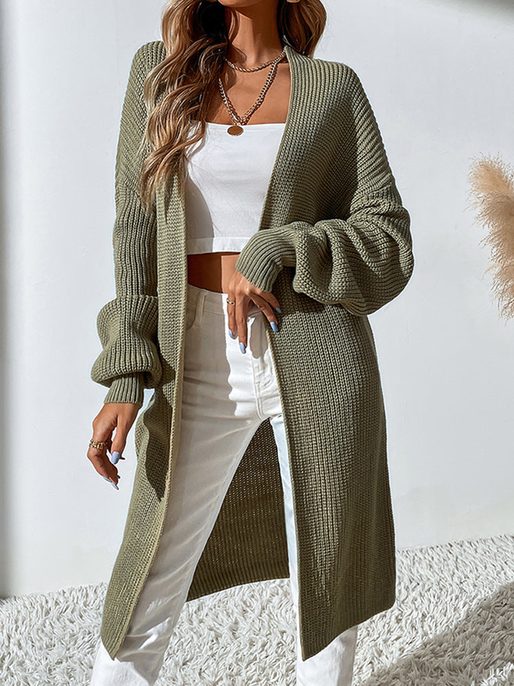 Army Green Longline V-neck Knit Cardigan