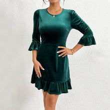 Load image into Gallery viewer, Velvet Blackish Green Round Neck Ruffle Trim Half Sleeve A-line Mini Dress