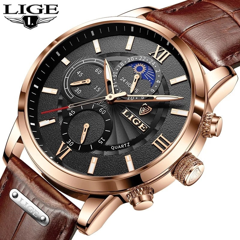 Multifunction 42mm Quartz Chronograph 30m Waterproof Men's Watch with Leather Band (5 colors)