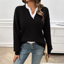 Load image into Gallery viewer, Temperament Lace Trim Triblend V-neck Sweater (4 colors)