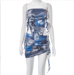 Strapless Printed Side Drawstring Mini Dress