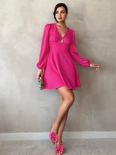 Load image into Gallery viewer, Rose Red V-neck Puff Sleeve A-line Smock Waist Mini Dress