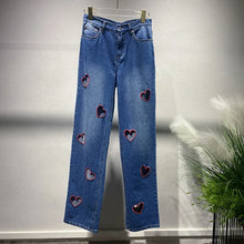 Load image into Gallery viewer, Relaxed Fit Hearts Embroidery Mid Rise Denim Jeans