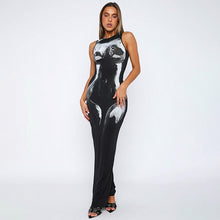 Load image into Gallery viewer, Round Neck Black Marble Print Bodycon Maxi Dress