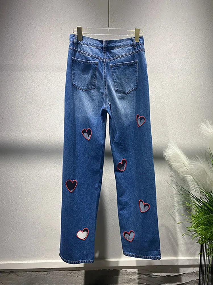 Relaxed Fit Hearts Embroidery Mid Rise Denim Jeans