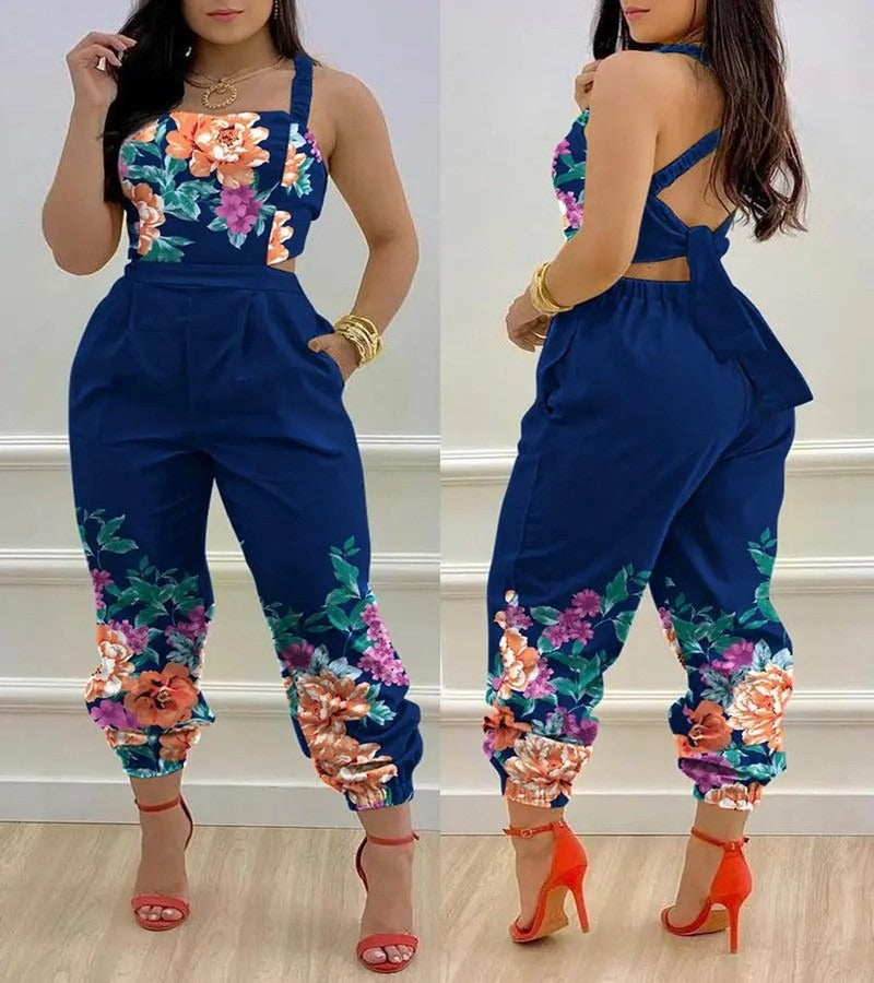 Solid Color/Printed Cross Lace Up Open Back Cropped Jumpsuit (6 Styles)