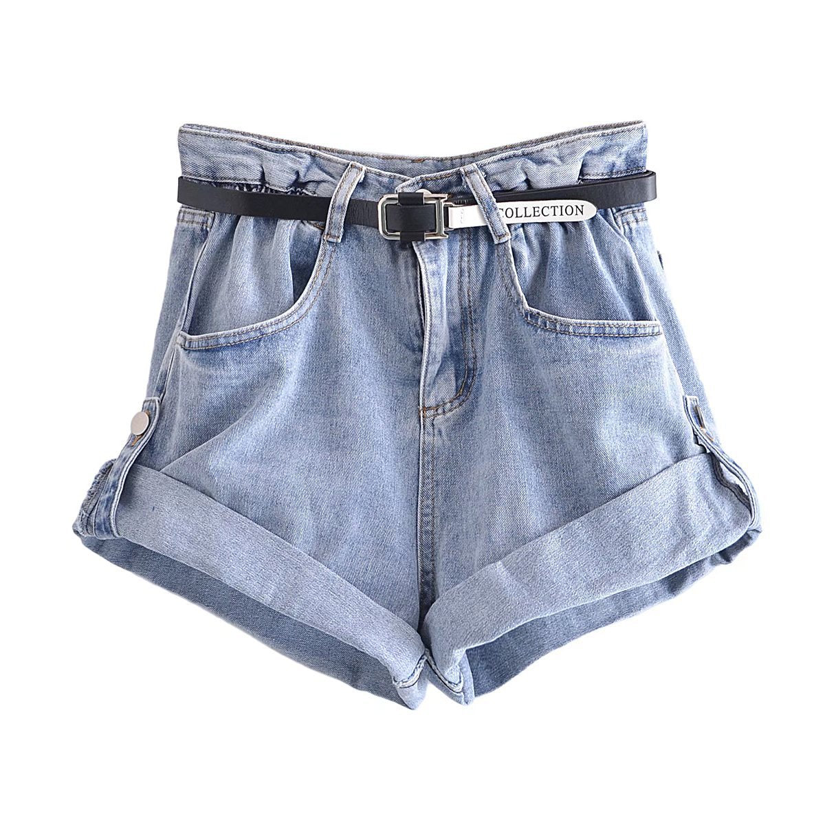 Slim Fit High Waist Roll Cuff Denim Shorts with Belt (Khaki, Denim Blue, Dark Grey)