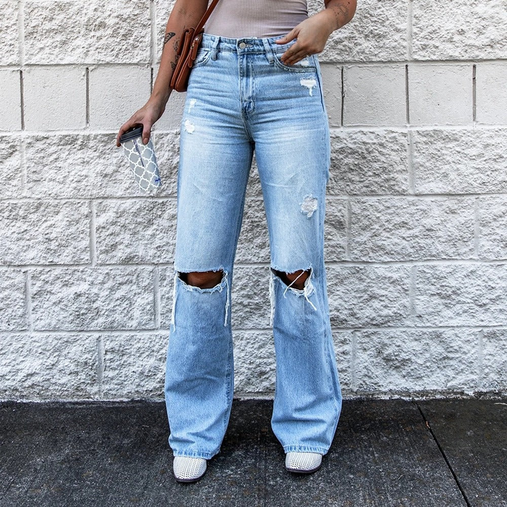 Vintage High Waist Ripped Boot Cut Jeans (Dark/Light Blue)