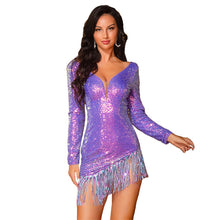 Load image into Gallery viewer, Purple Deep V-neck Backless Fringed Sequin Long Sleeve Asymmetrical Mini Dress