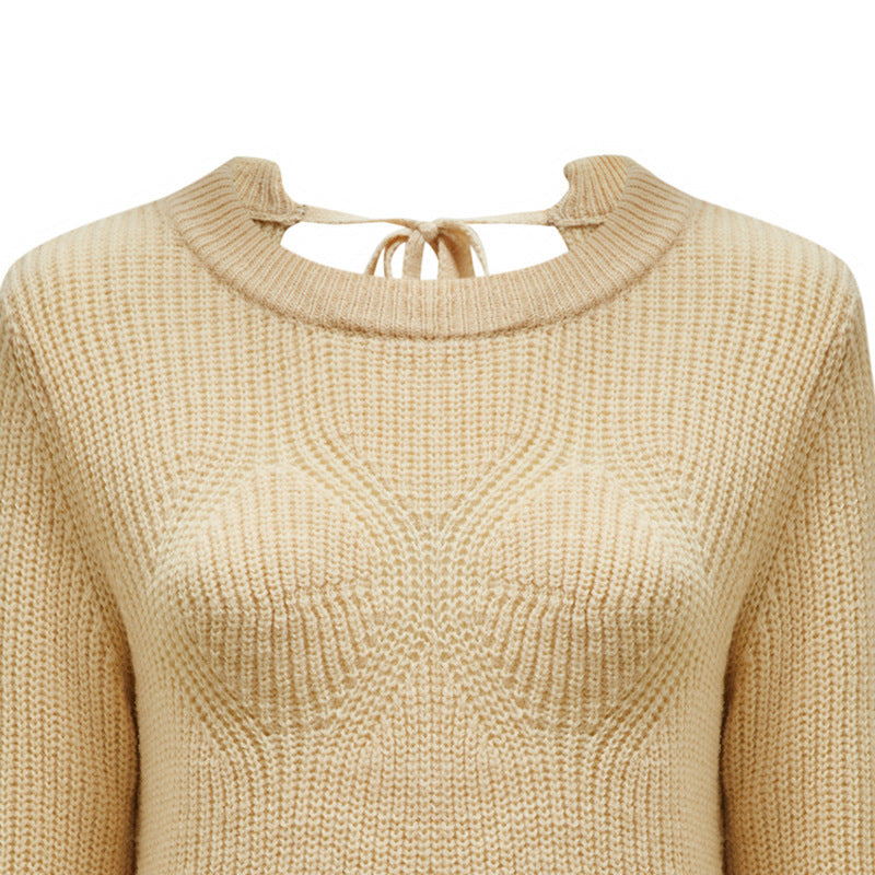 Beige Backless Lace Up Round Neck Knit Women's Sweater