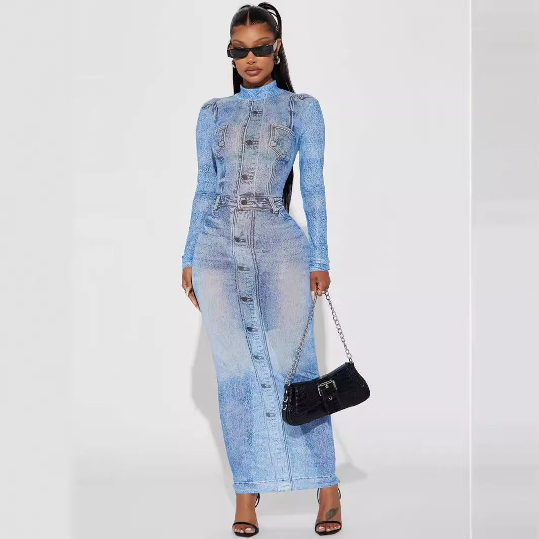 Imitation Denim Printed Long Sleeve Mock Neck Maxi Dress