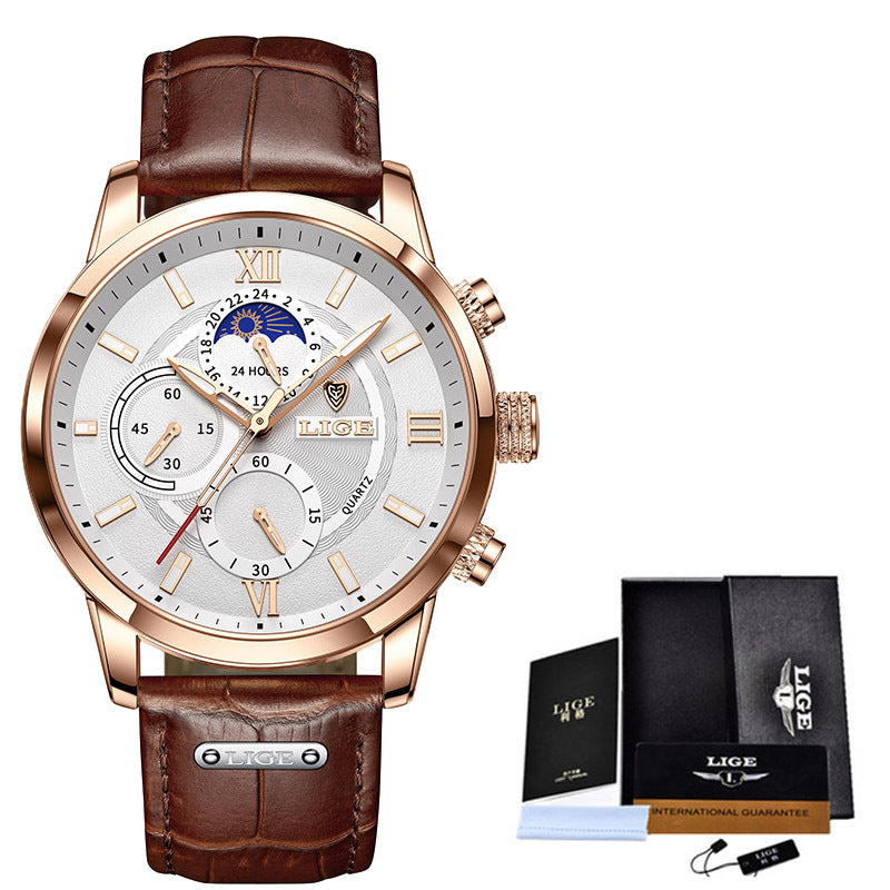Multifunction 42mm Quartz Chronograph 30m Waterproof Men's Watch with Leather Band (5 colors)