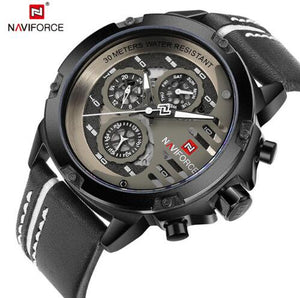 NAVIFORCE Waterproof Quartz Sports Watch with Leather Band for Men
