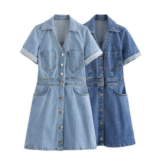 Dark Blue/Light Blue A-line Short Sleeve Denim Mini Shirt Dress