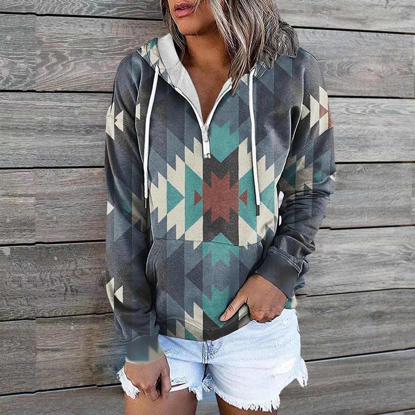 Ethnic Tribe Print 1/4 Zip Pullover Hoodie for Women (11 styles)