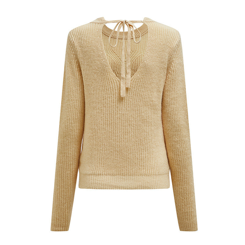 Beige Backless Lace Up Round Neck Knit Women's Sweater