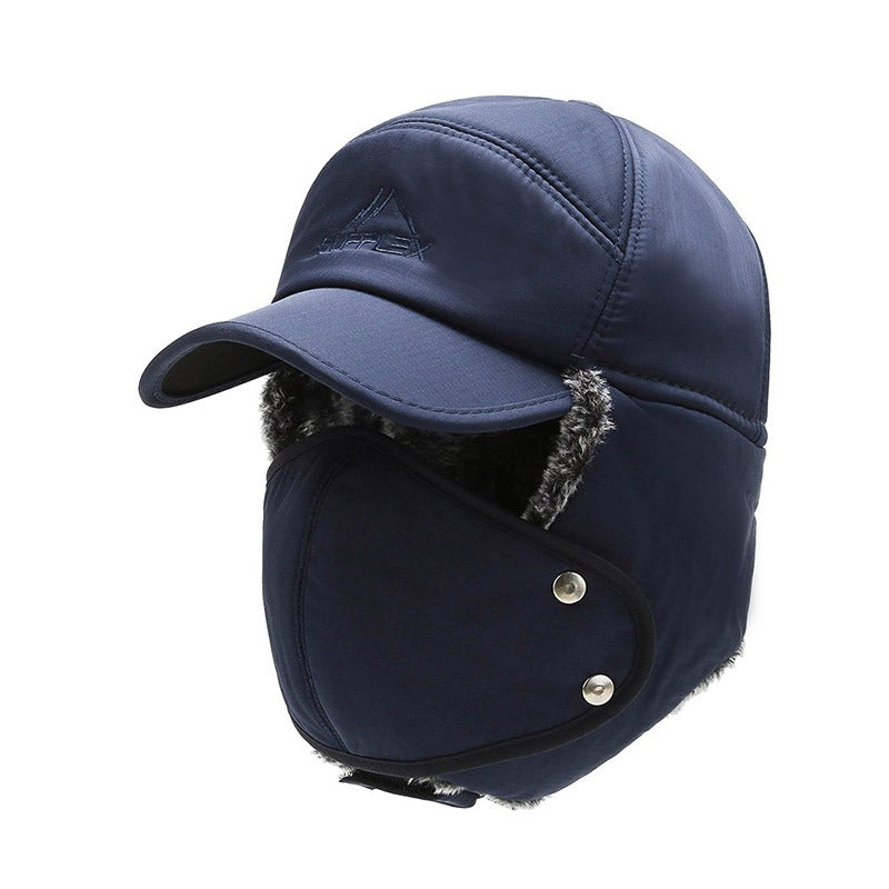 Fleece Lined Curve Brim Trapper Hat with Face Mask (Black/Blue/Gray)