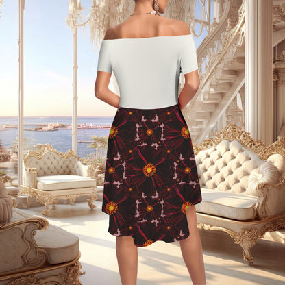 TRP Floral Print 02-03 Midnight Bishop of Aukland Dahlia Off Shoulder A-line High Low Hem Skater Dress