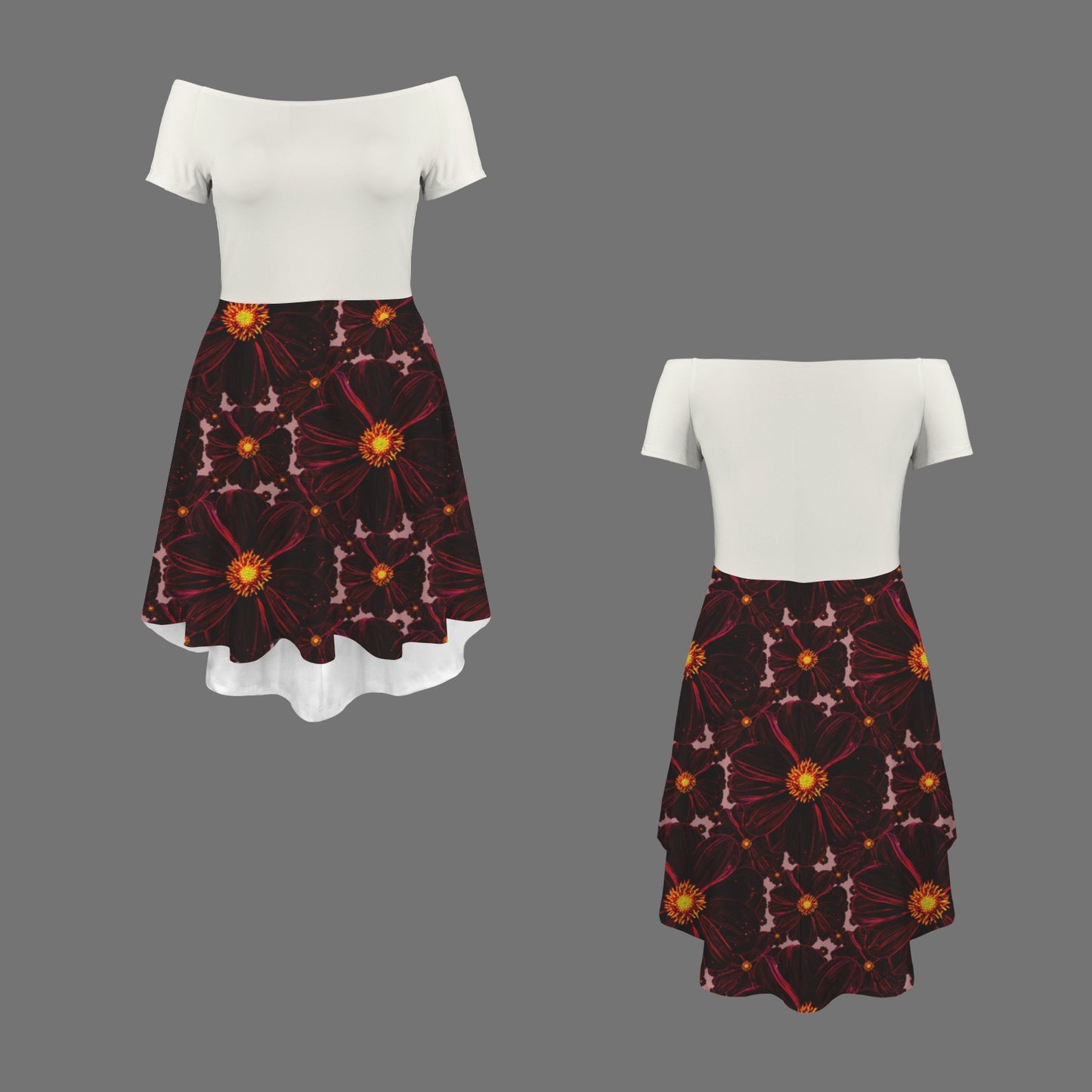 TRP Floral Print 02-03 Midnight Bishop of Aukland Dahlia Off Shoulder A-line High Low Hem Skater Dress