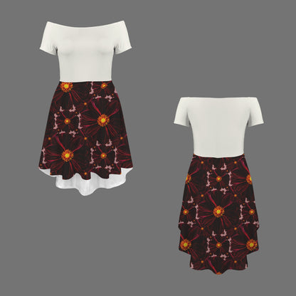 TRP Floral Print 02-03 Midnight Bishop of Aukland Dahlia Off Shoulder A-line High Low Hem Skater Dress