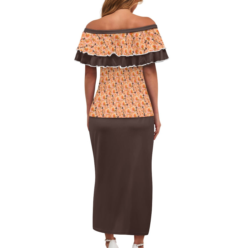 Floral Embosses: Roses 03-02 "Apricot Bloom Essential" Two-Tone Off-the-Shoulder Ruffle Maxi Dress