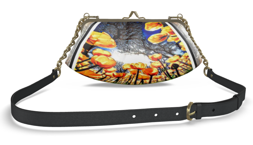 Floral Embosses: Tulip Daydream 01 Designer Pleated Leather Metal Frame Crossbody Clutch Bag